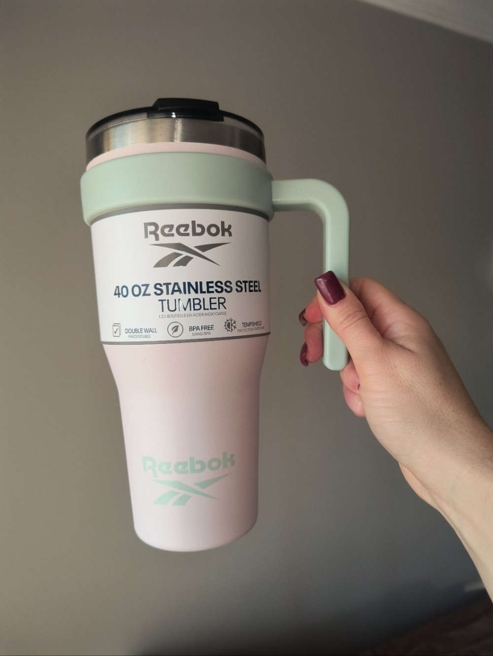 Reebok 40 OZ Stainless Steel Tumbler W/ Handle Water Bottle New Pink BPA Free